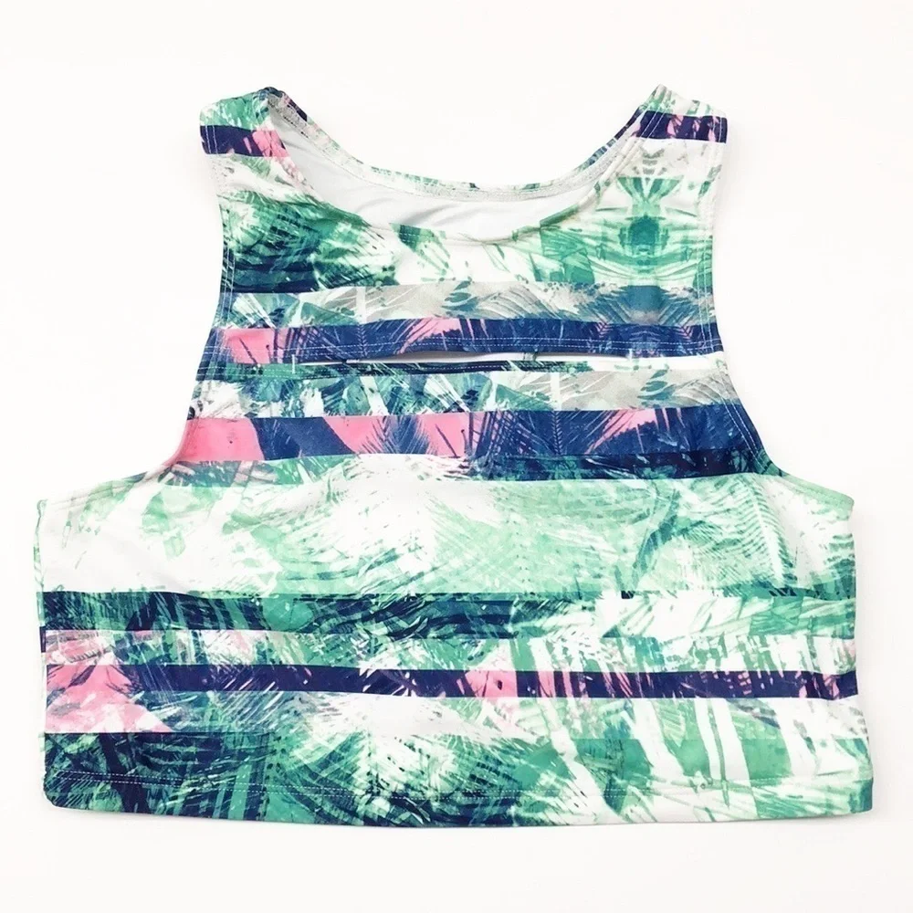 Zella Girl abstract palm leaf girls swim top